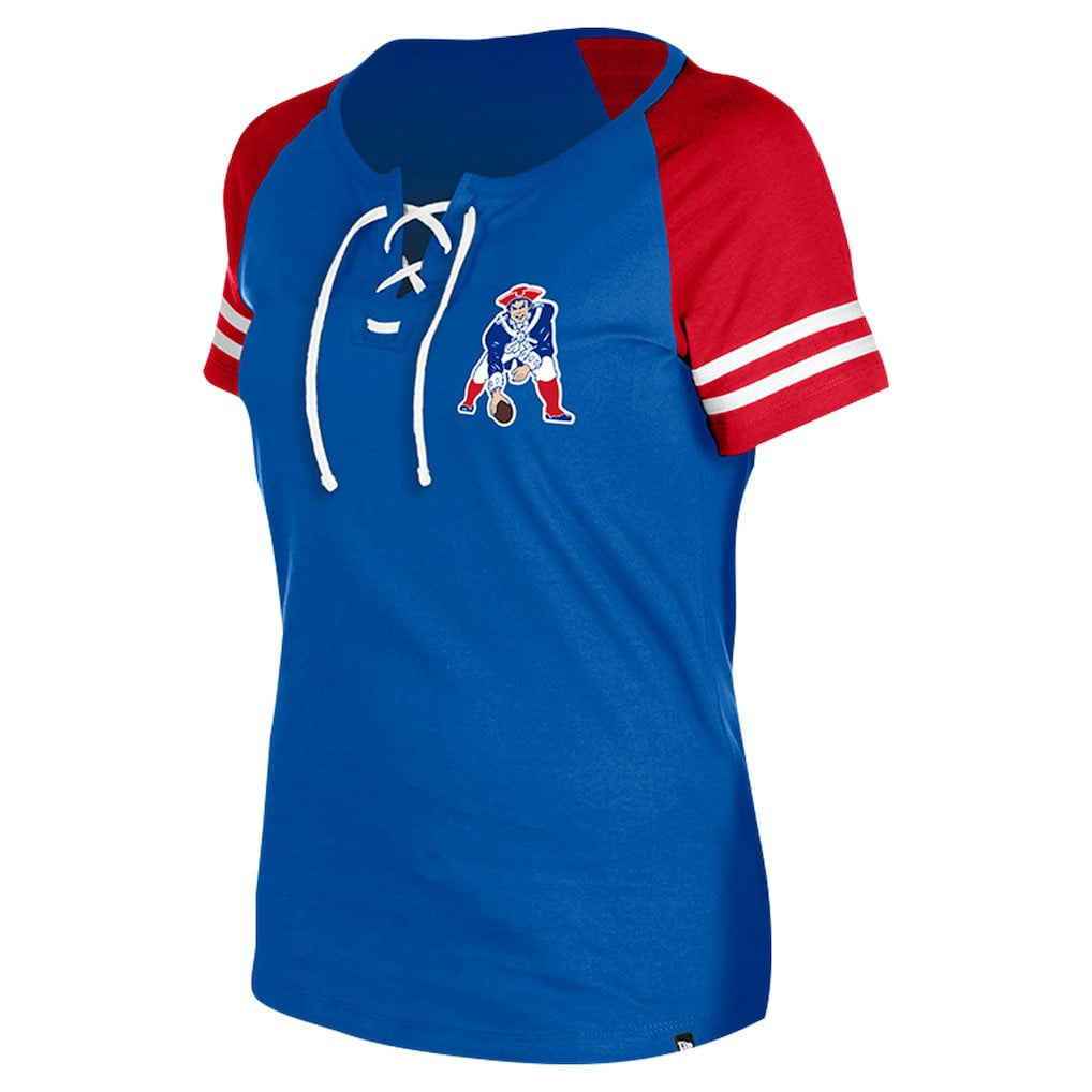 New England Patriots New Era Women's Throwback Lace-Up Raglan T-Shirt - Royal discount