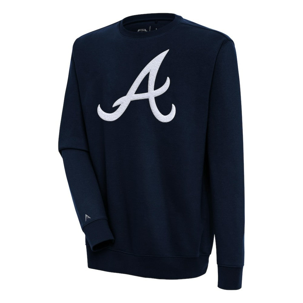 Atlanta Braves Antigua Victory Crewneck Chenille Pullover Sweatshirt - Navy