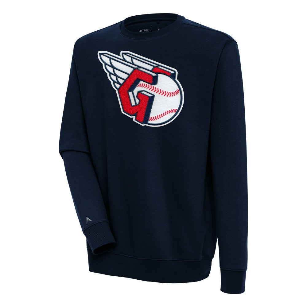 Cleveland Guardians Antigua Victory Crewneck Chenille Pullover Sweatshirt - Navy