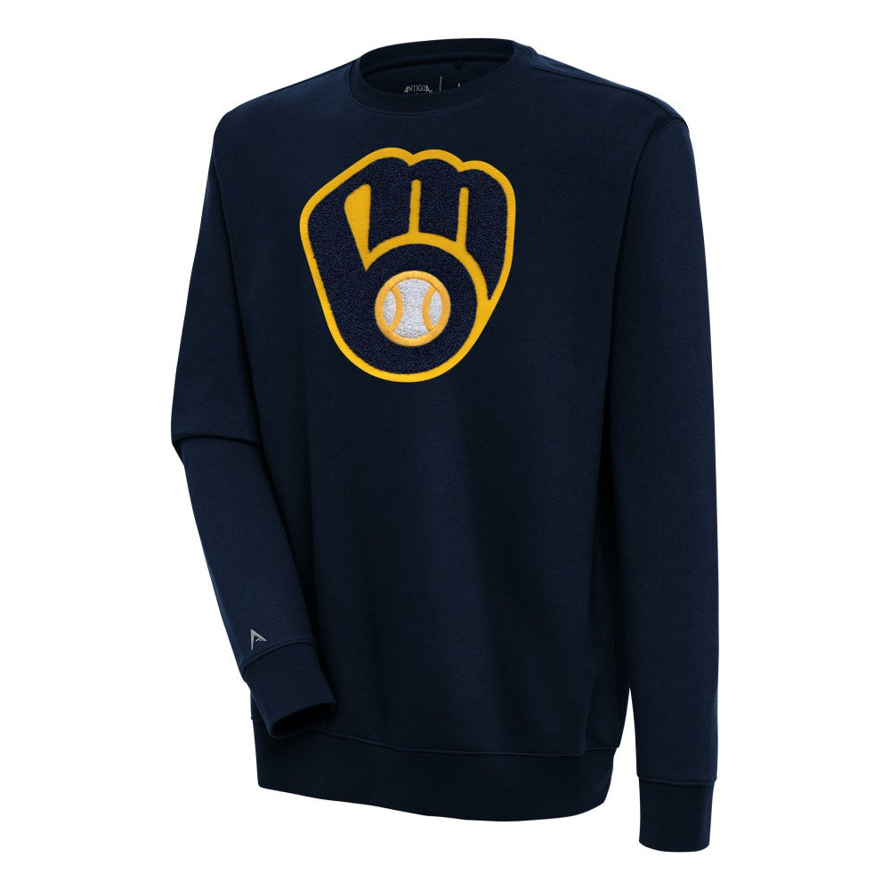 Milwaukee Brewers Antigua Victory Crewneck Chenille Pullover Sweatshirt - Navy