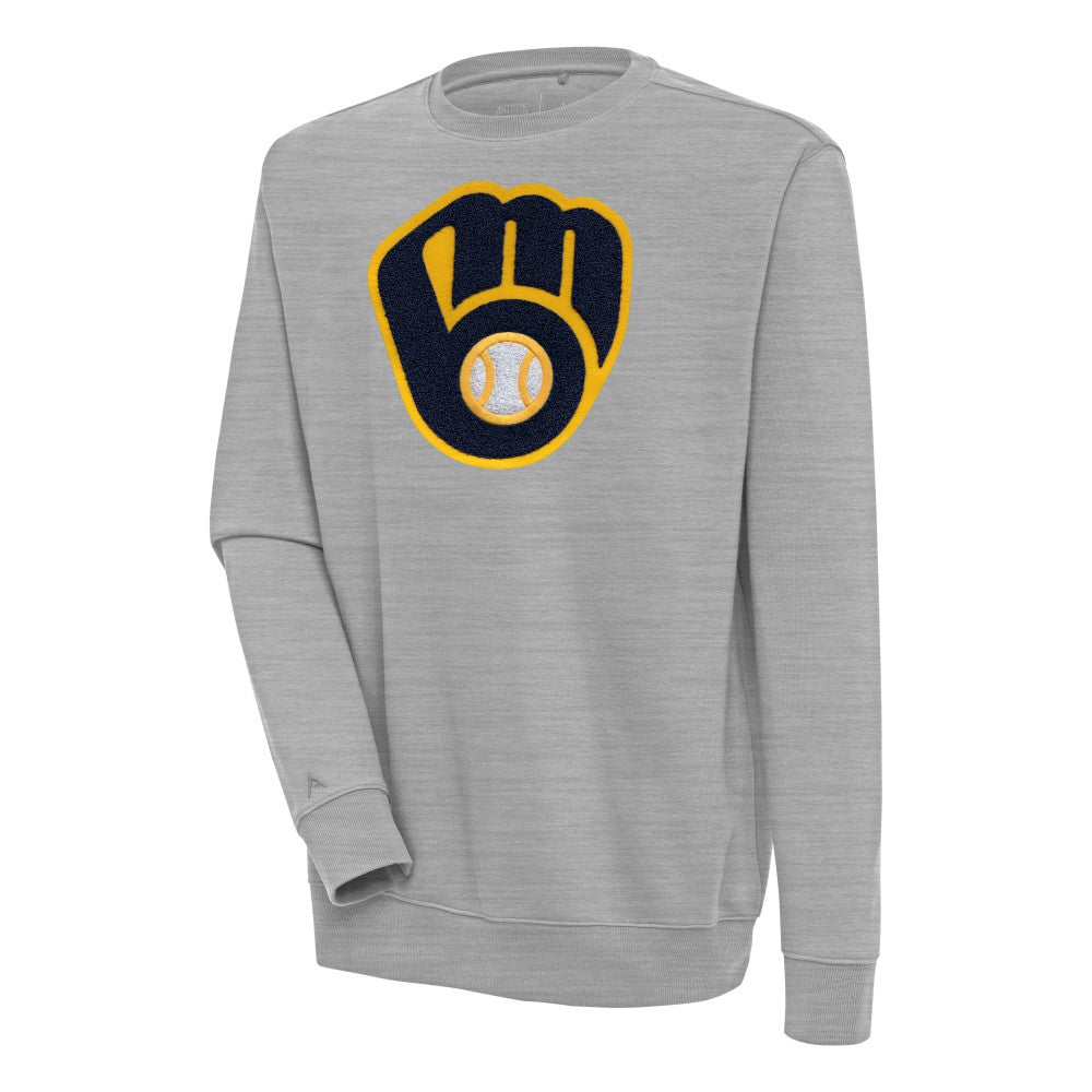 Milwaukee Brewers Antigua Victory Crewneck Chenille Pullover Sweatshirt - Heather Gray
