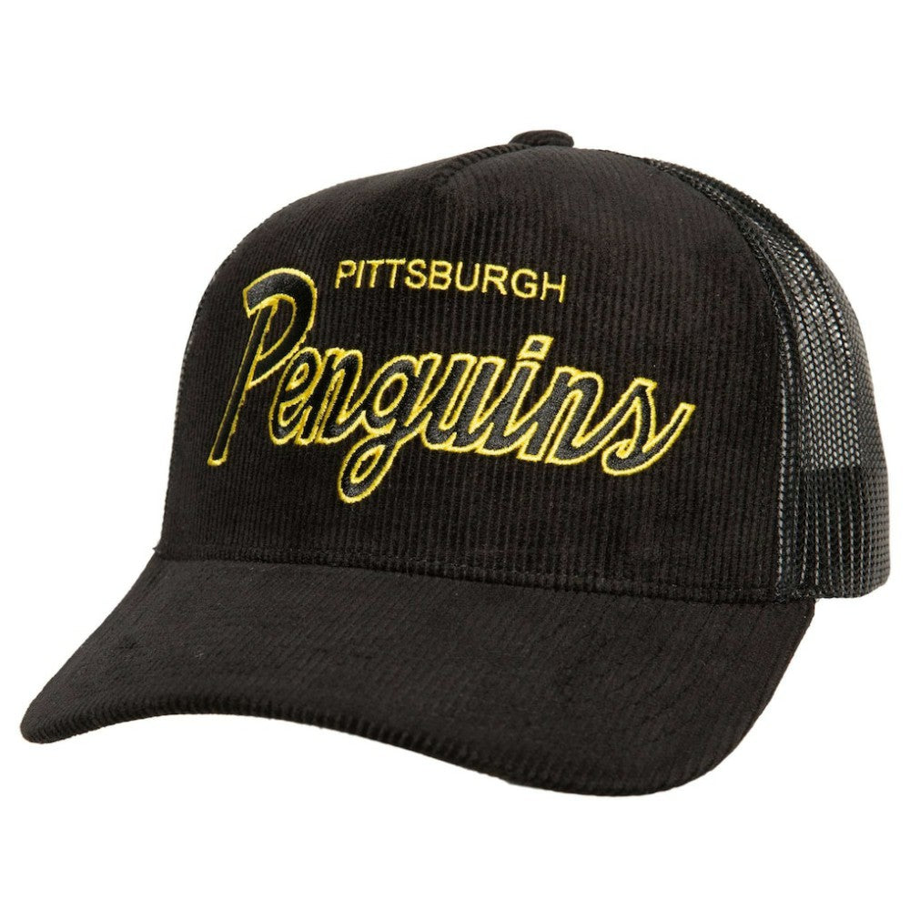 Pittsburgh Penguins Mitchell & Ness Times Up Classic Script Cord Trucker Adjustable Hat Black