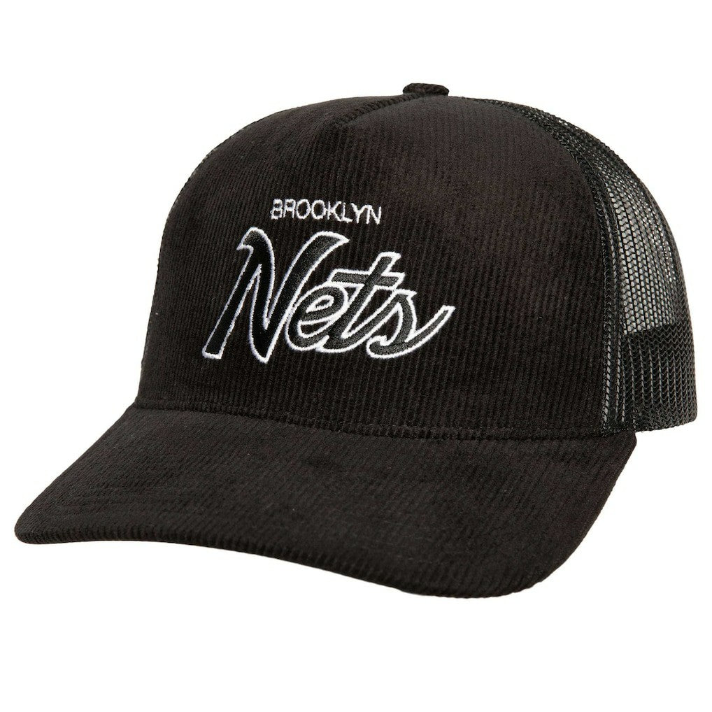 Brooklyn Nets Times Up Classic Script Cord Trucker Hat - Black | Mitchell & Ness on sale