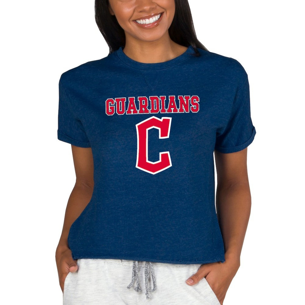 Cleveland Guardians Concepts Sport Women's Tri-Blend Mainstream Terry Short Sleeve Sweatshirt Top - Navy