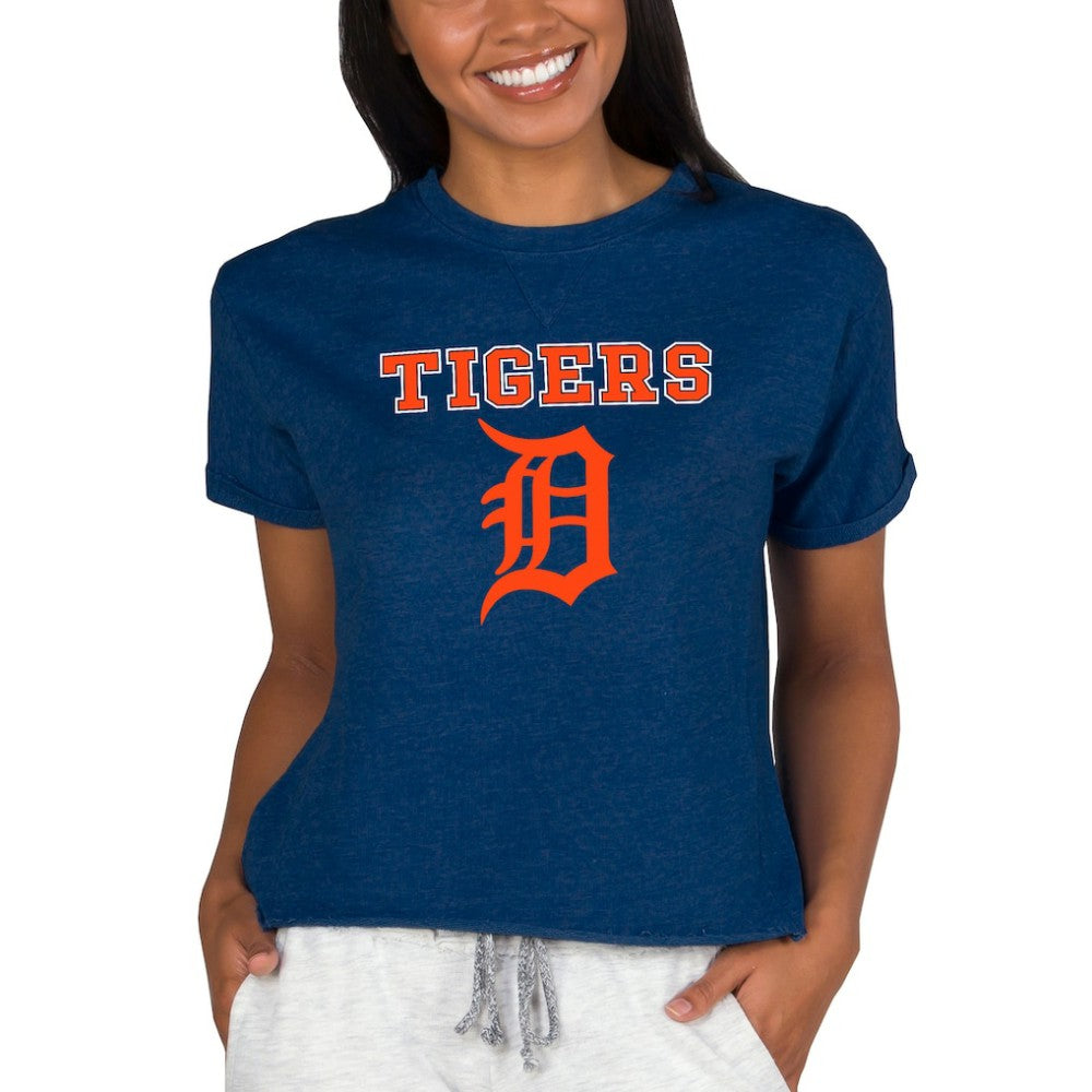 Detroit Tigers Concepts Sport Women's Tri-Blend Mainstream Terry Short Sleeve Sweatshirt Top - Navy