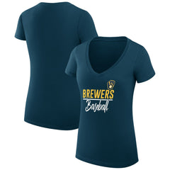 Milwaukee Brewers G-III 4Her by Carl Banks Women's Super-Slim Fit Lightweight Team Graphic V-Neck T-Shirt - Navy