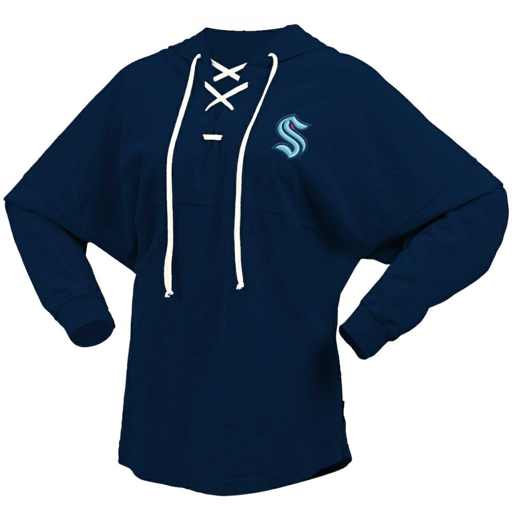 Seattle Kraken Fanatics Women's Jersey Lace-Up V-Neck Long Sleeve Hoodie T-Shirt Deep Sea Blue