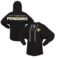 Pittsburgh Penguins Fanatics Women's Jersey Lace-Up V-Neck Long Sleeve Hoodie T-Shirt Black