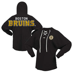 Boston Bruins Fanatics Women's Jersey Lace-Up V-Neck Long Sleeve Hoodie T-Shirt Black
