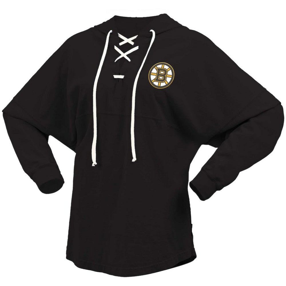 Boston Bruins Fanatics Women's Jersey Lace-Up V-Neck Long Sleeve Hoodie T-Shirt Black