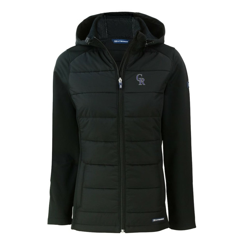 Colorado Rockies Cutter & Buck Women's Evoke Hybrid Eco Softshell Recycled Full-Zip Hoodie Jacket - Black
