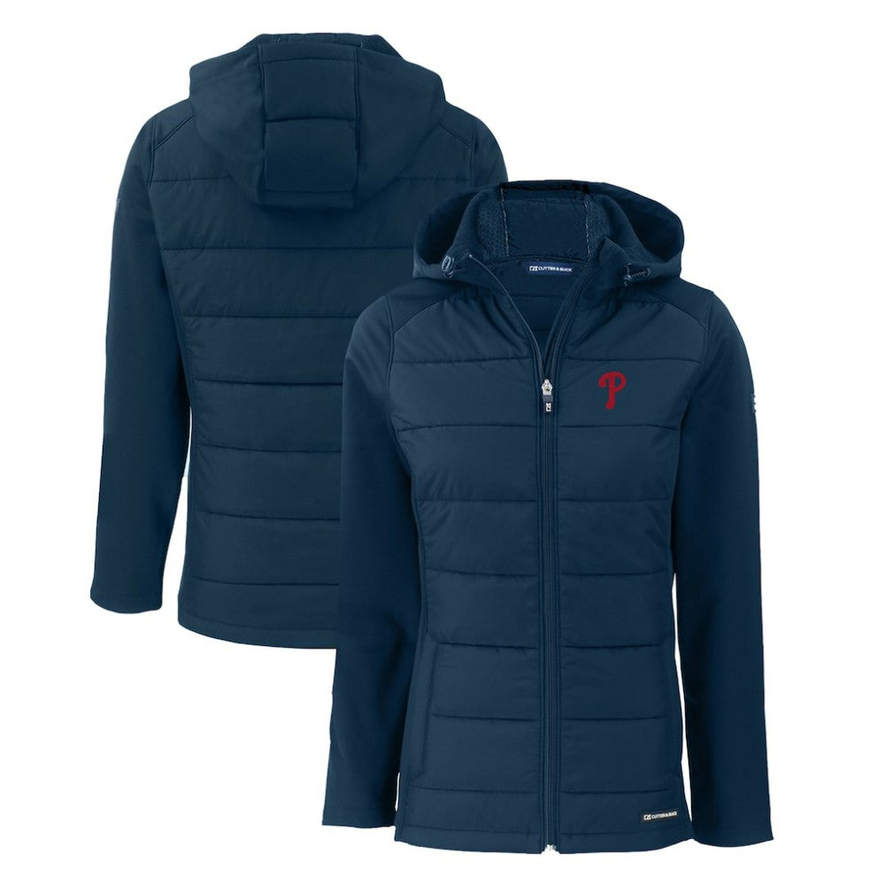 Philadelphia Phillies Cutter & Buck Women's Evoke Hybrid Eco Softshell Recycled Full-Zip Hoodie Jacket - Navy