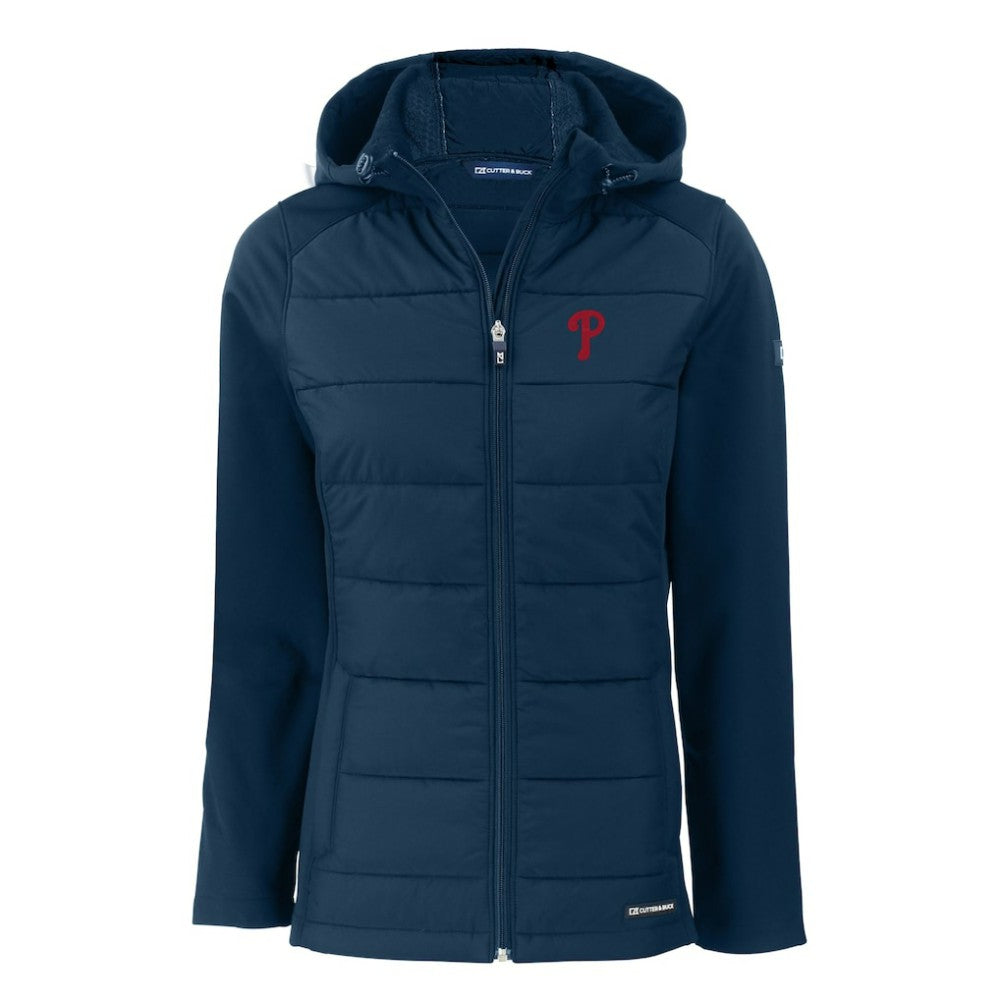 Philadelphia Phillies Cutter & Buck Women's Evoke Hybrid Eco Softshell Recycled Full-Zip Hoodie Jacket - Navy