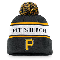 Pittsburgh Pirates Team Stripe Peak Cuffed Knit Hat with Pom - Black | Nike