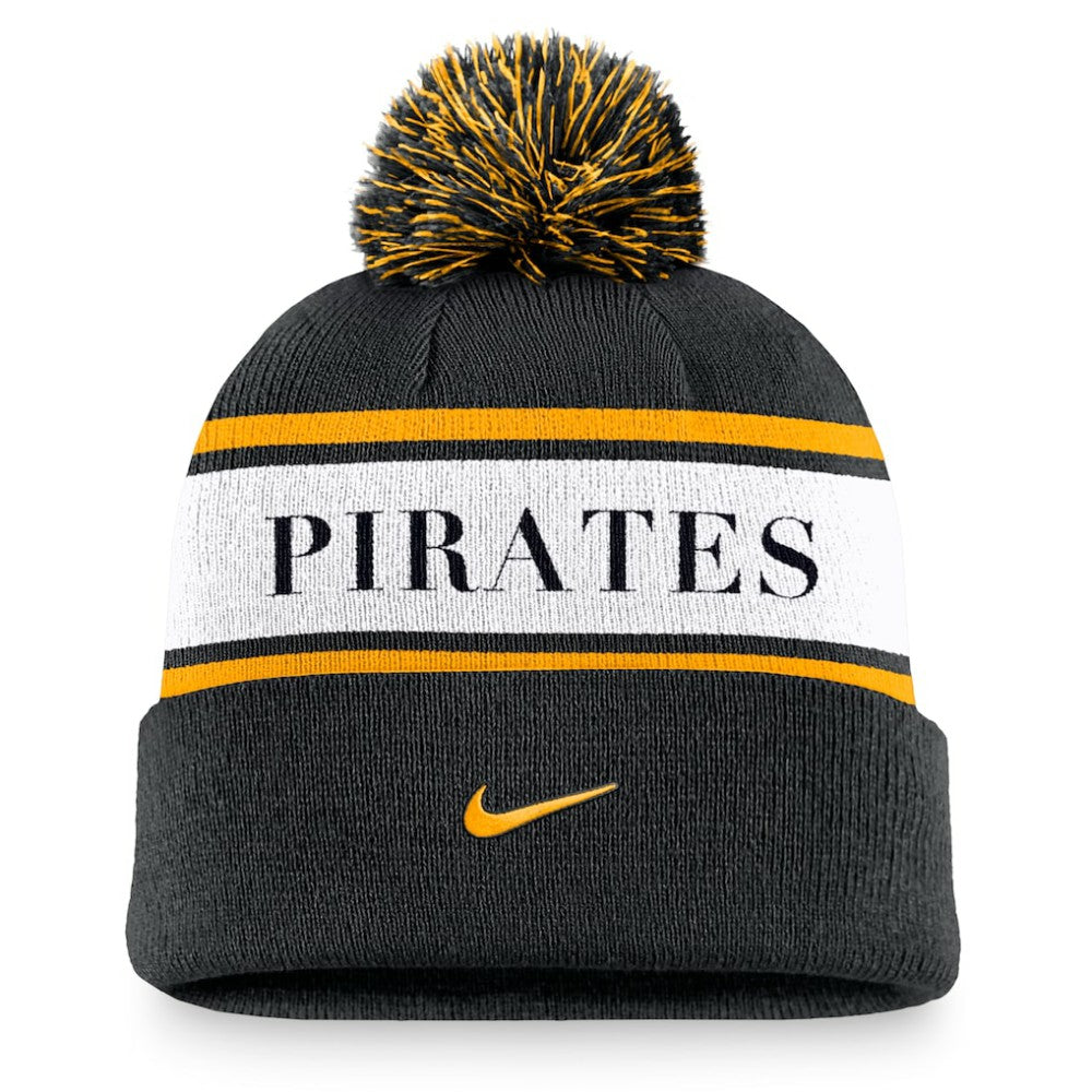 Pittsburgh Pirates Team Stripe Peak Cuffed Knit Hat with Pom - Black | Nike