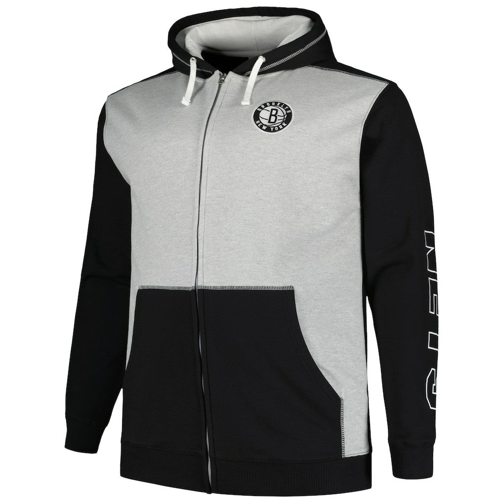 Brooklyn Nets Big & Tall Contrast Pieced Stitched Full-Zip Hoodie - Black/Heather Gray | Fanatics online