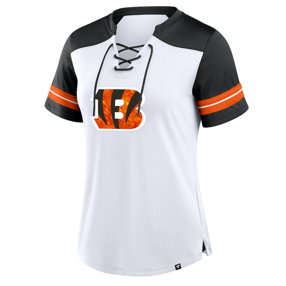 Cincinnati Bengals Women's Foiled Primary Lace-Up T-Shirt - White/Black cheap