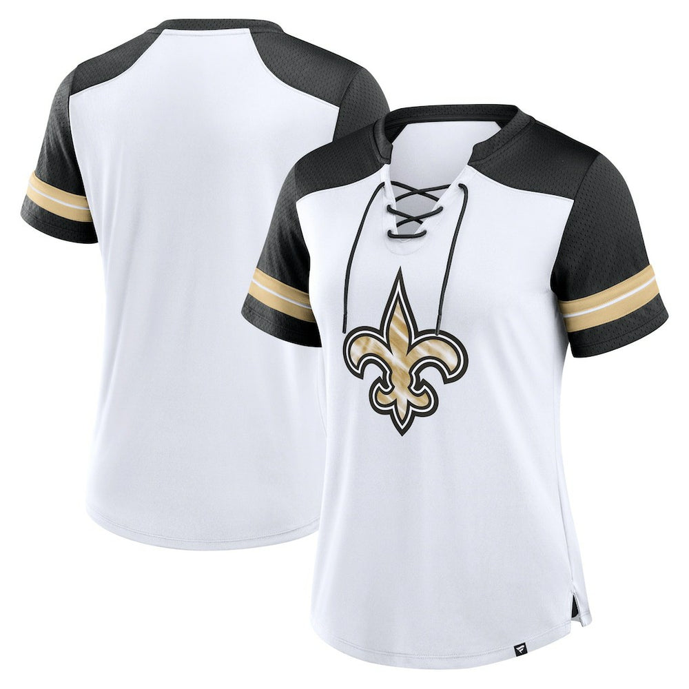 New Orleans Saints Women's Foiled Primary Lace-Up T-Shirt - White/Black cheap