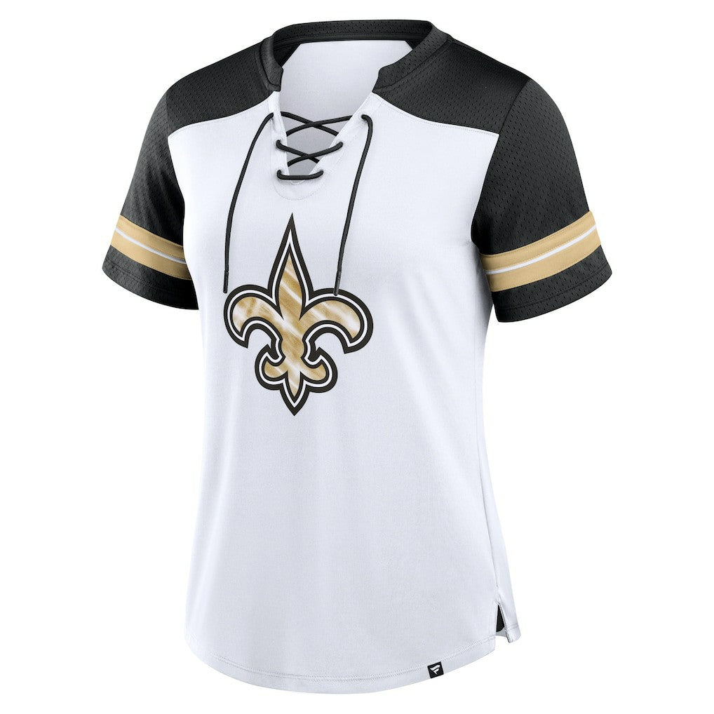 New Orleans Saints Women's Foiled Primary Lace-Up T-Shirt - White/Black cheap