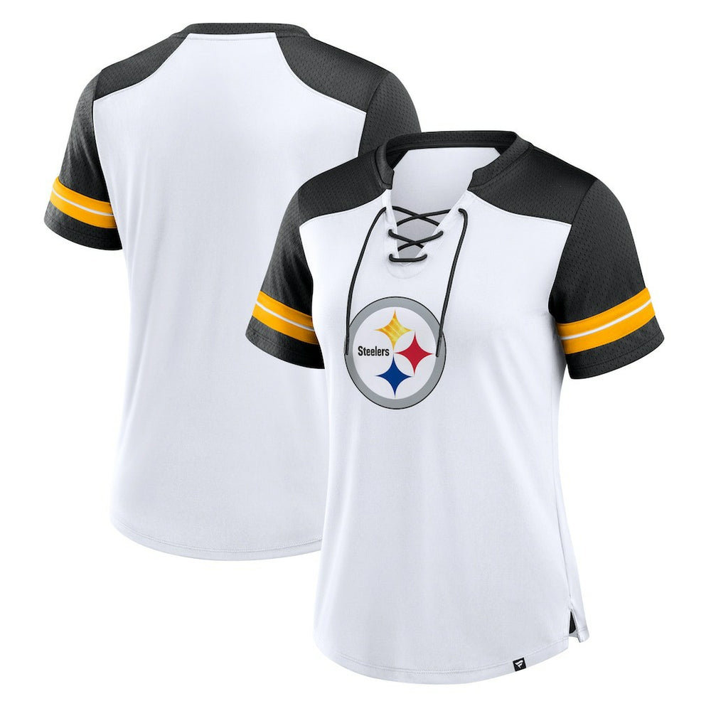 Pittsburgh Steelers Women's Foiled Primary Lace-Up T-Shirt - White/Black outlet