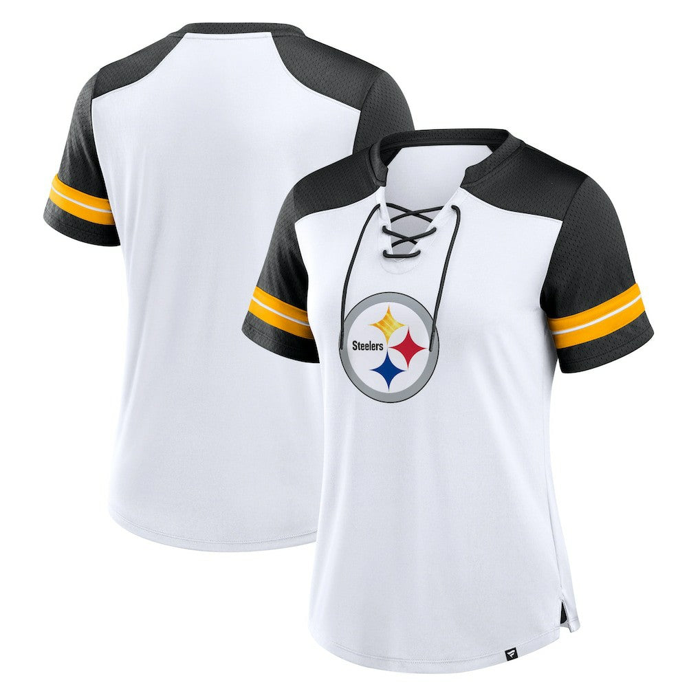 Pittsburgh Steelers Women's Foiled Primary Lace-Up T-Shirt - White/Black outlet