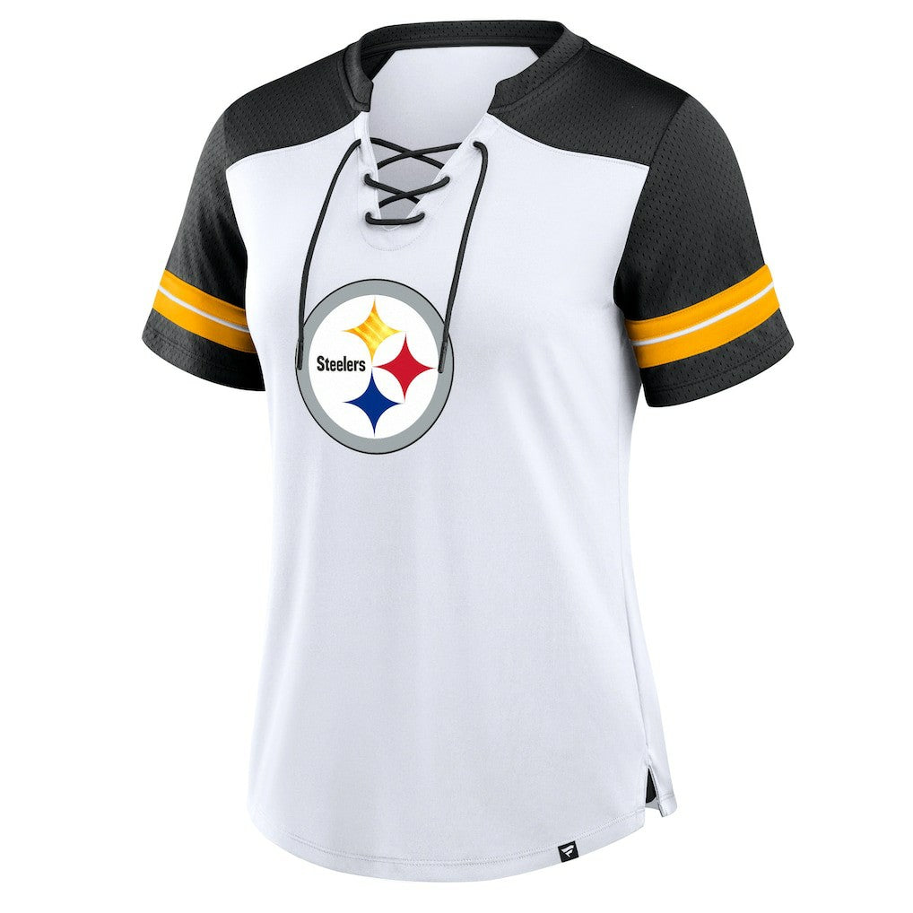 Pittsburgh Steelers Women's Foiled Primary Lace-Up T-Shirt - White/Black outlet