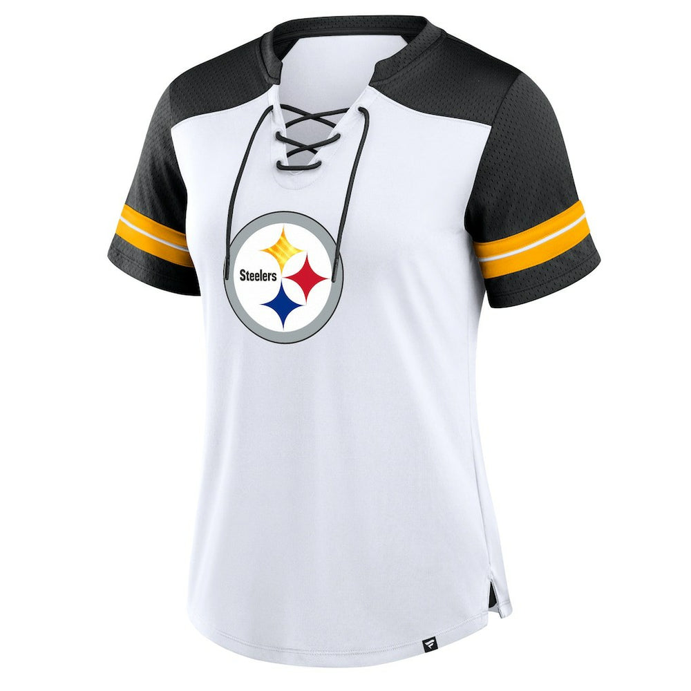 Pittsburgh Steelers Women's Foiled Primary Lace-Up T-Shirt - White/Black outlet