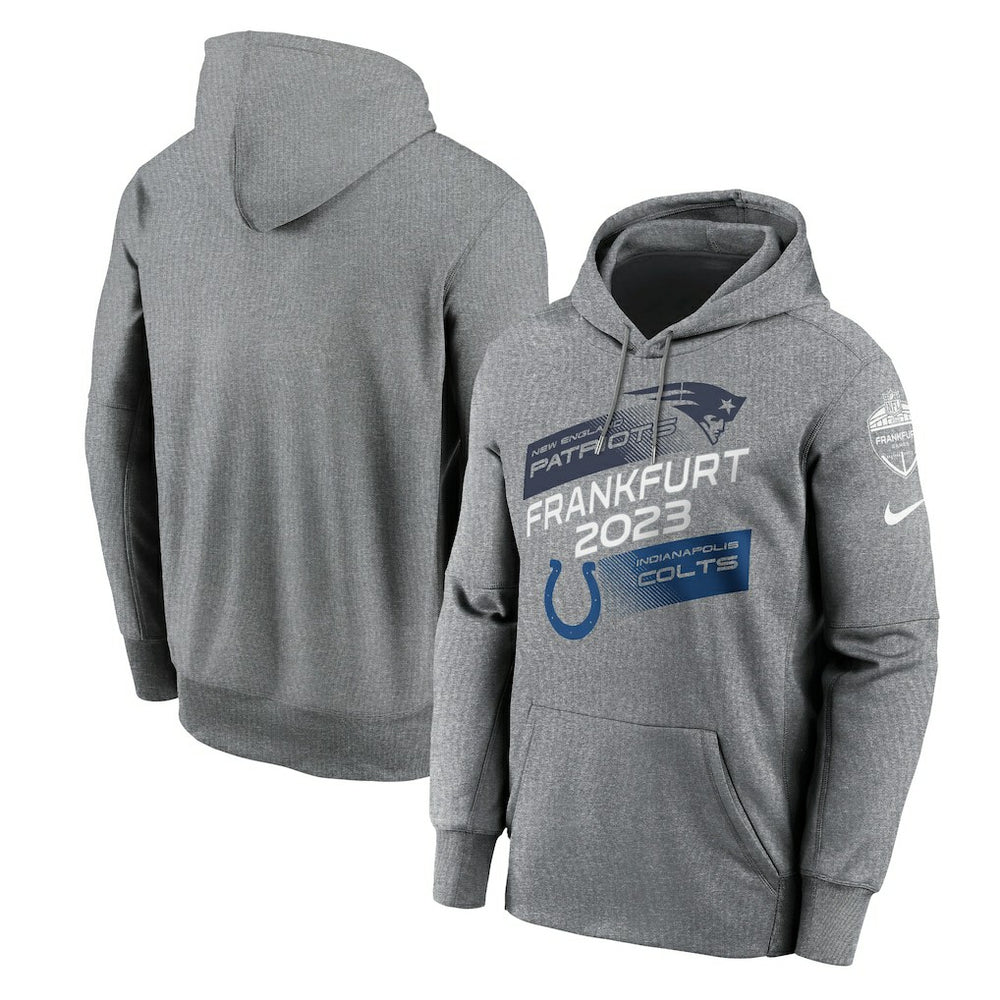 New England Patriots vs. Indianapolis Colts 2023 Frankfurt Game Pullover Hoodie - Heather Charcoal | Nike on sale