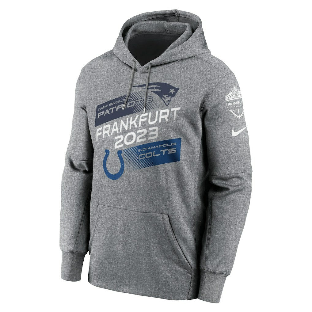 New England Patriots vs. Indianapolis Colts 2023 Frankfurt Game Pullover Hoodie - Heather Charcoal | Nike on sale