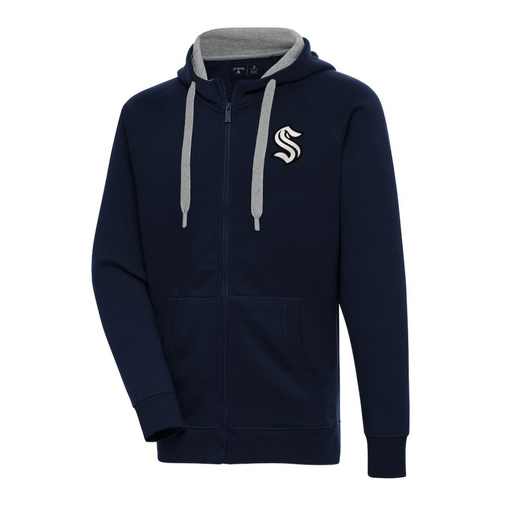 Seattle Kraken Antigua Metallic Logo Victory Full-Zip Hoodie Deep Sea Blue