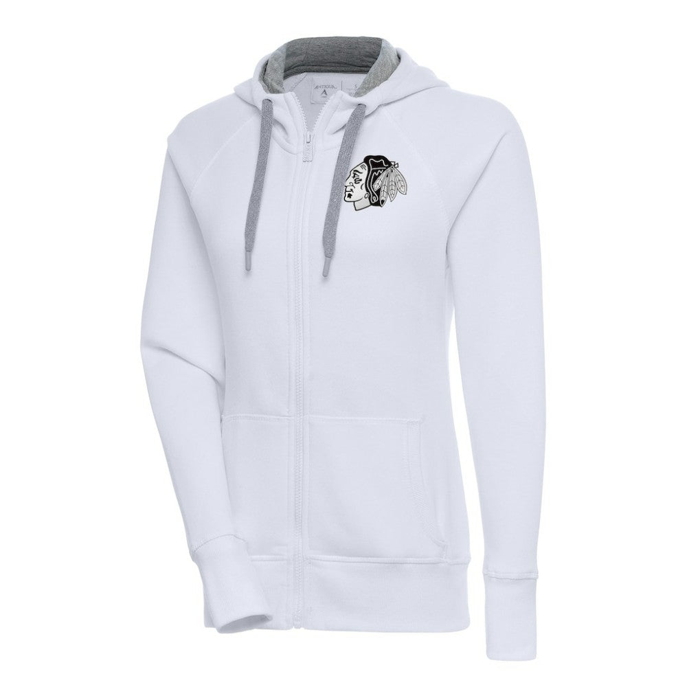Chicago Blackhawks Antigua Women's Metallic Logo Victory Full-Zip Hoodie White
