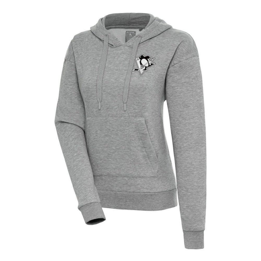 Pittsburgh Penguins Antigua Women's Metallic Logo Victory Pullover Hoodie Heather Gray