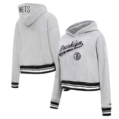 Brooklyn Nets Pro Standard Women's Script Tail Cropped Pullover Hoodie - Heather Gray shop