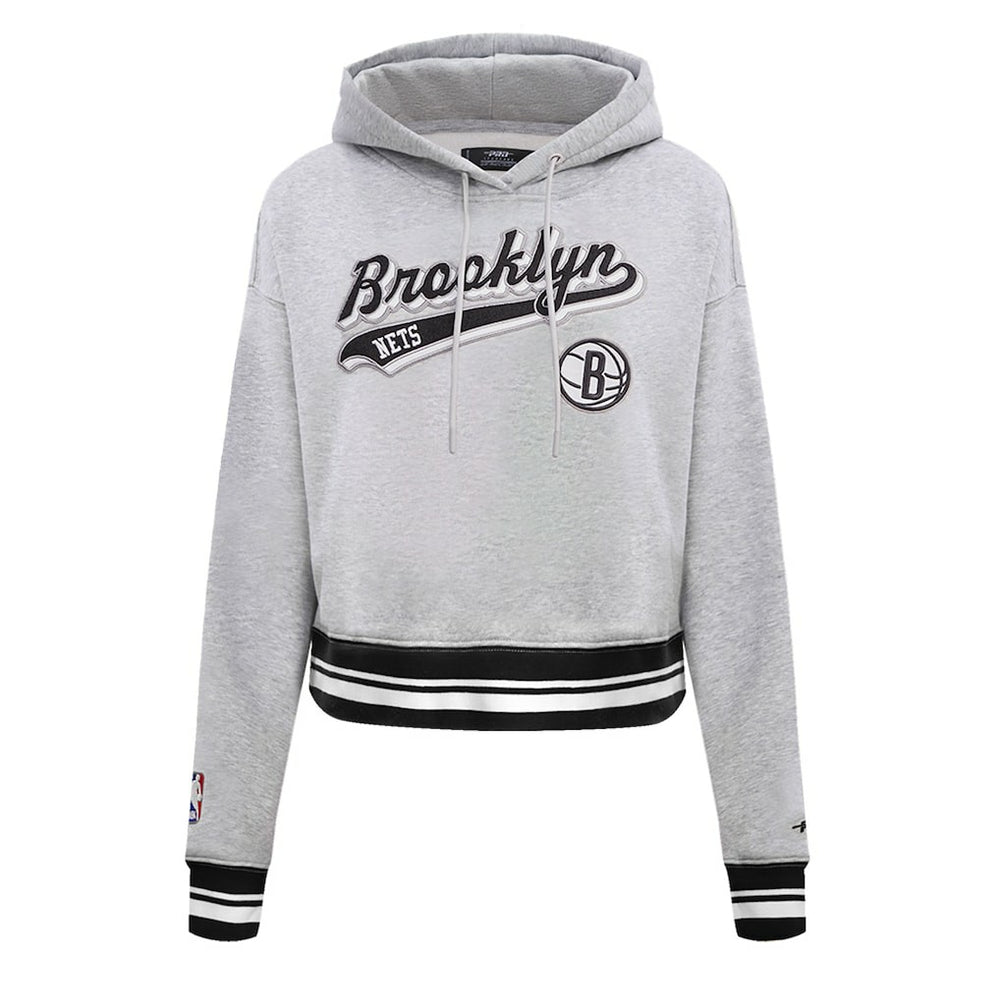 Brooklyn Nets Pro Standard Women's Script Tail Cropped Pullover Hoodie - Heather Gray shop