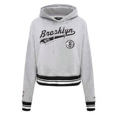 Brooklyn Nets Pro Standard Women's Script Tail Cropped Pullover Hoodie - Heather Gray shop