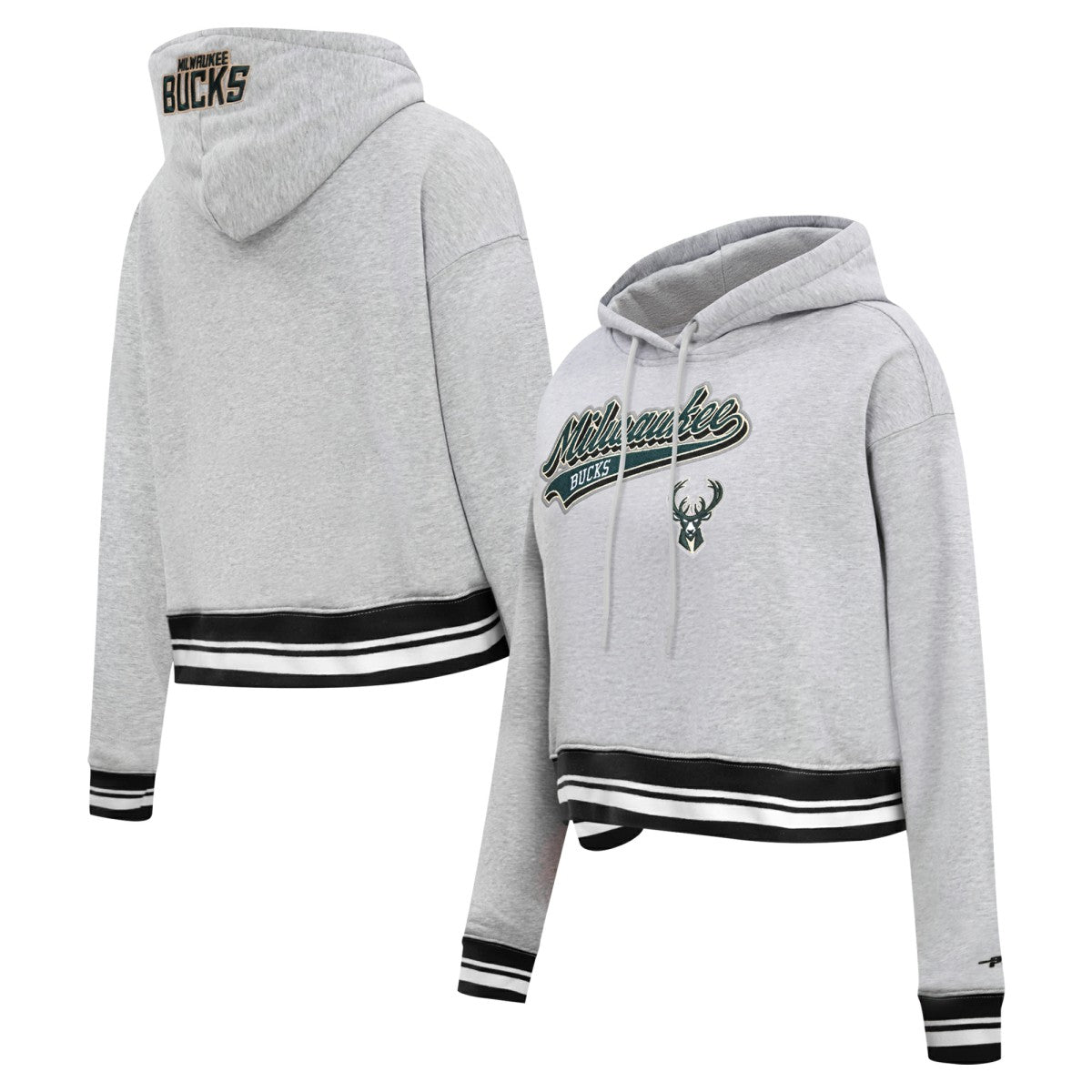 Milwaukee Bucks Pro Standard Women's Script Tail Cropped Pullover Hoodie - Heather Gray outlet