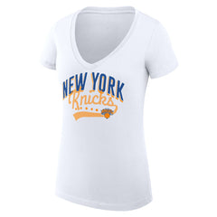 New York Knicks G-III 4Her by Carl Banks Women's Super-Slim Fit Lightweight Filigree Logo V-Neck T-Shirt - White sale