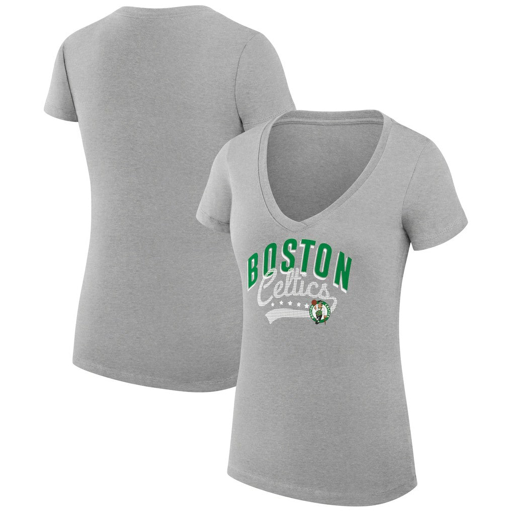 Boston Celtics G-III 4Her by Carl Banks Women's Super-Slim Fit Lightweight Filigree Logo V-Neck T-Shirt - Heather Gray discount