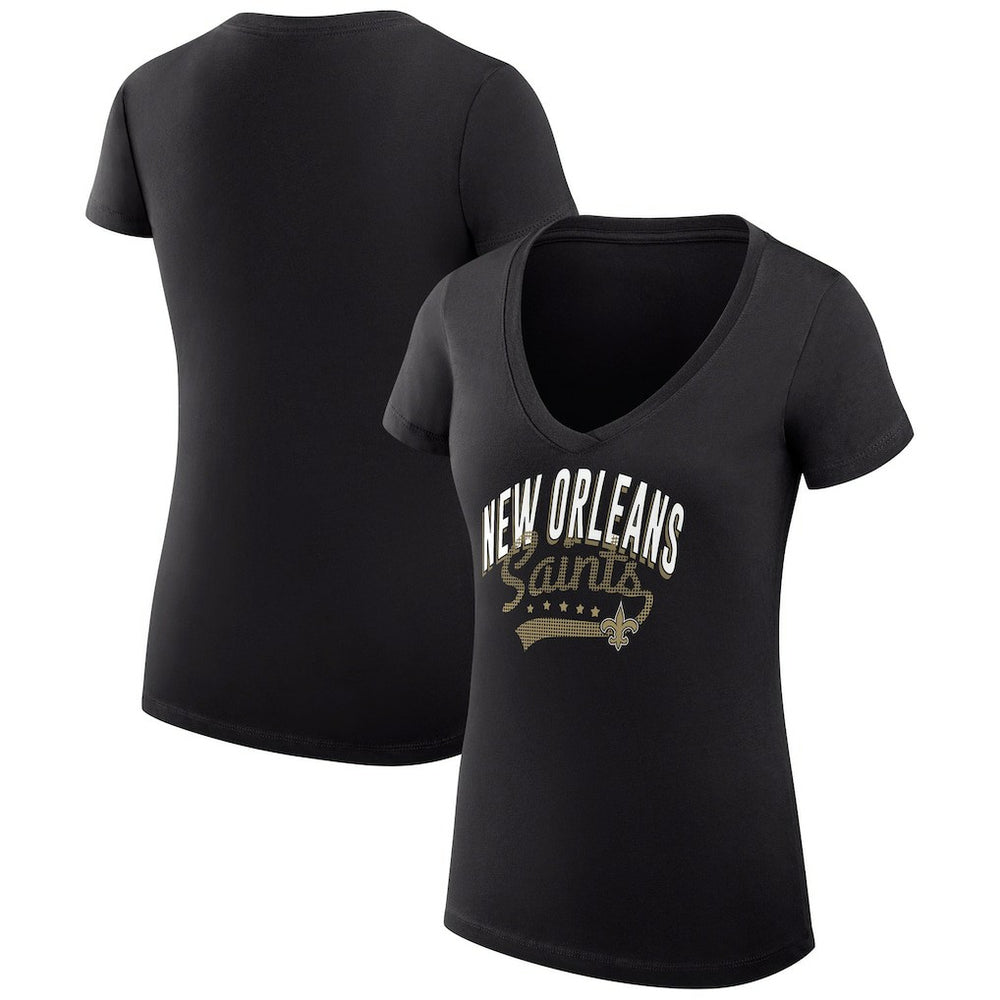 New Orleans Saints G-III 4Her by Carl Banks Women's Super-Slim Fit Lightweight Filigree Logo Lightweight V-Neck T-Shirt – Black sale