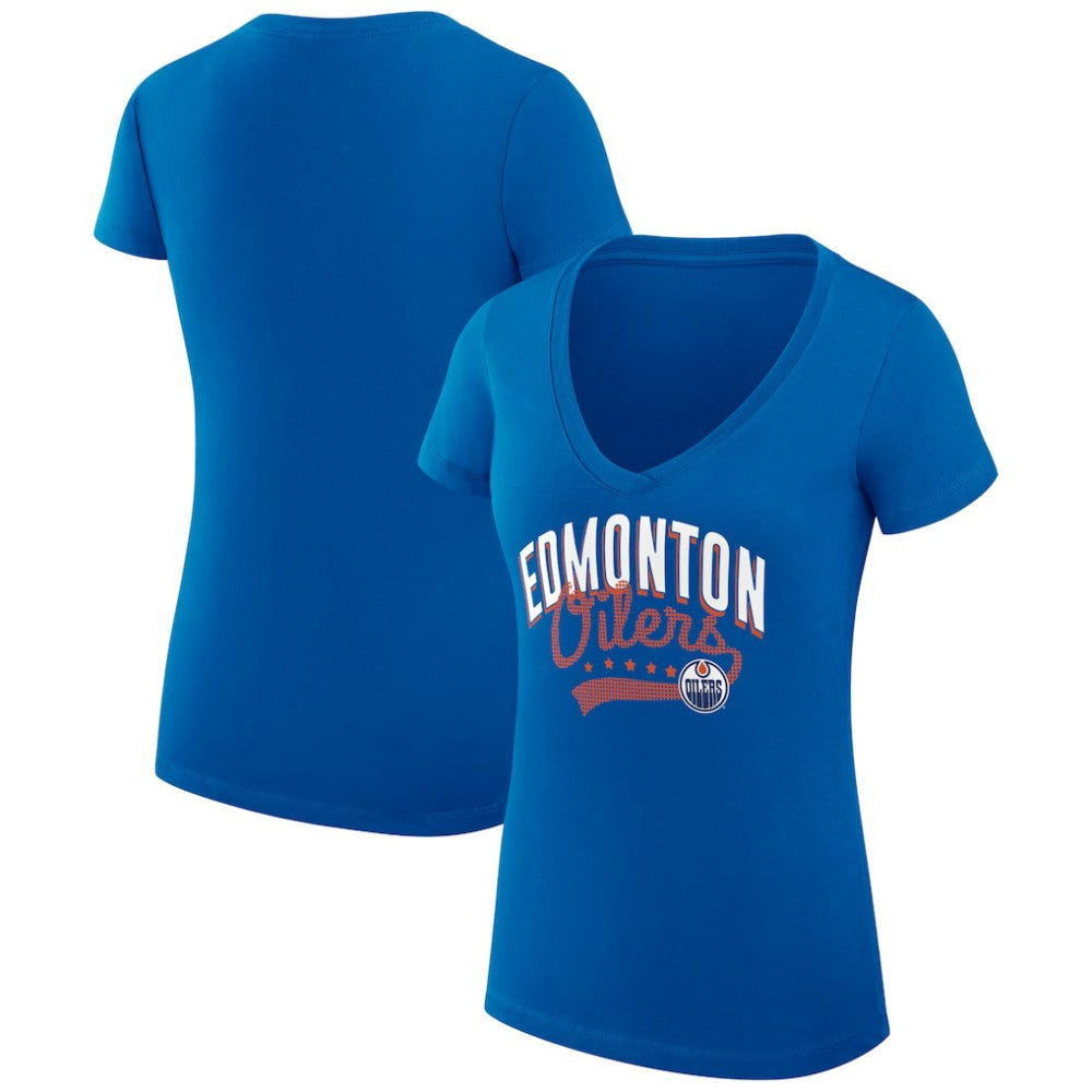 Edmonton Oilers G-III 4Her by Carl Banks Women's Super-Slim Fit Lightweight Filigree Logo V-Neck T-Shirt – Royal