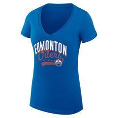 Edmonton Oilers G-III 4Her by Carl Banks Women's Super-Slim Fit Lightweight Filigree Logo V-Neck T-Shirt – Royal