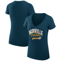 Nashville Predators G-III 4Her by Carl Banks Women's Super-Slim Fit Lightweight Filigree Logo V-Neck T-Shirt – Navy