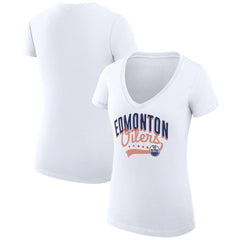 Edmonton Oilers G-III 4Her by Carl Banks Women's Super-Slim Fit Lightweight Filigree Logo V-Neck T-Shirt – White