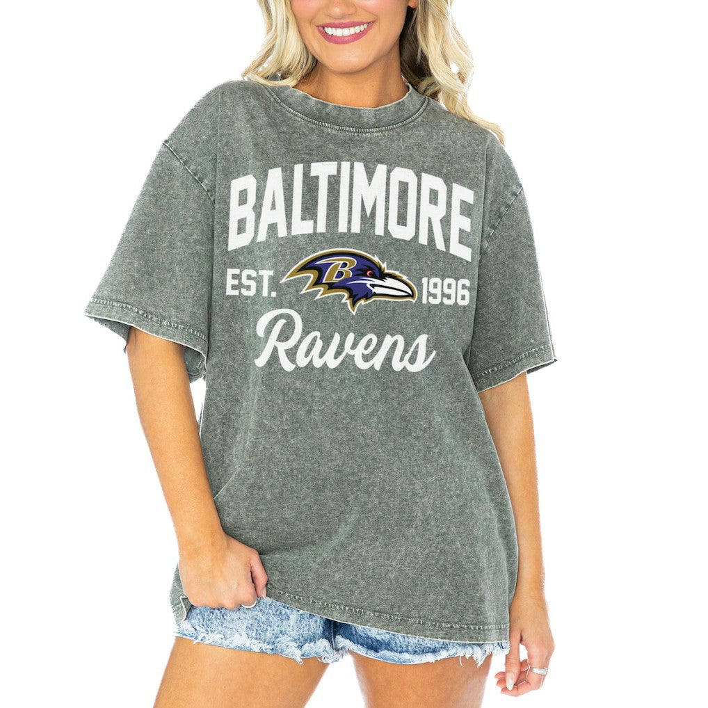 Baltimore Ravens Gameday Couture Women's Tackle Titan Boyfriend Washed T-Shirt - Gray outlet