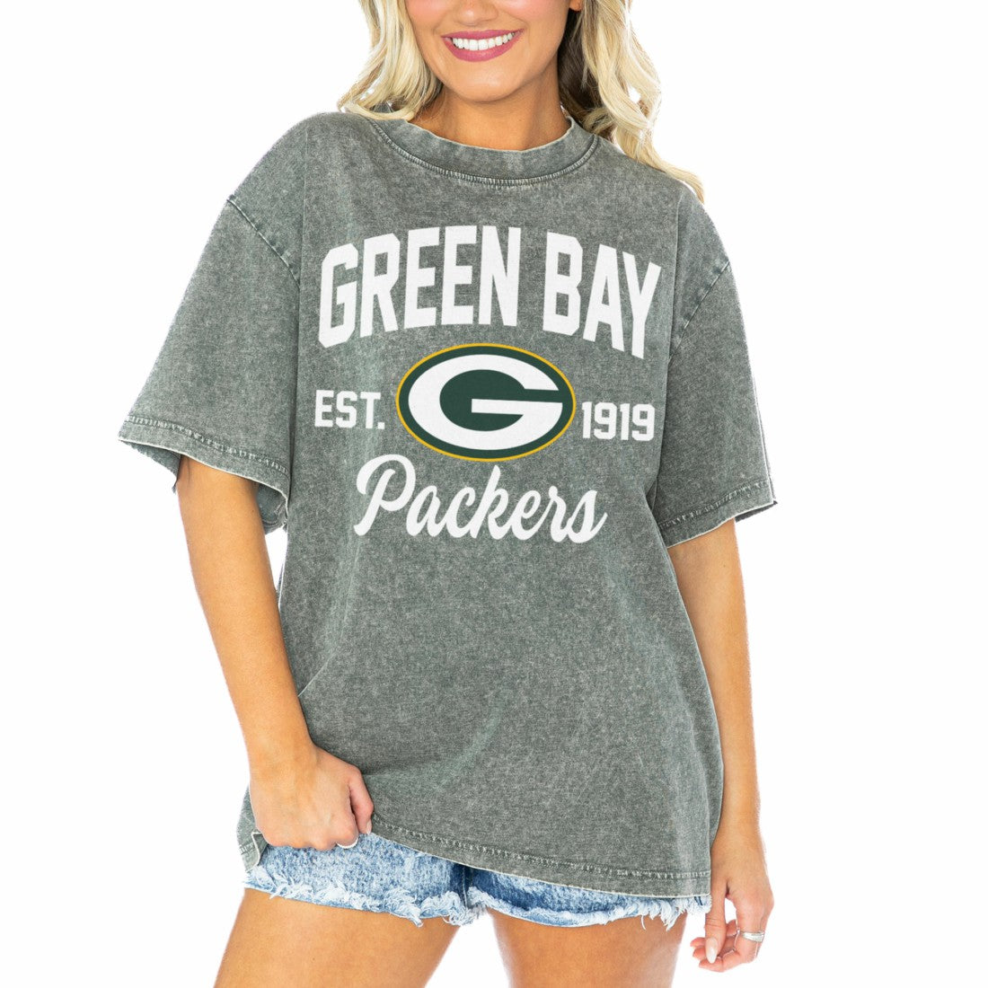 Green Bay Packers Gameday Couture Women's Tackle Titan Boyfriend Washed T-Shirt - Gray for sale