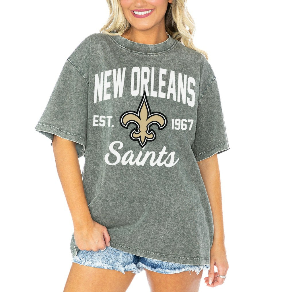 New Orleans Saints Gameday Couture Women's Tackle Titan Boyfriend Washed T-Shirt - Gray for sale