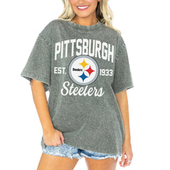 Pittsburgh Steelers Gameday Couture Women's Tackle Titan Boyfriend Washed T-Shirt - Gray cheap