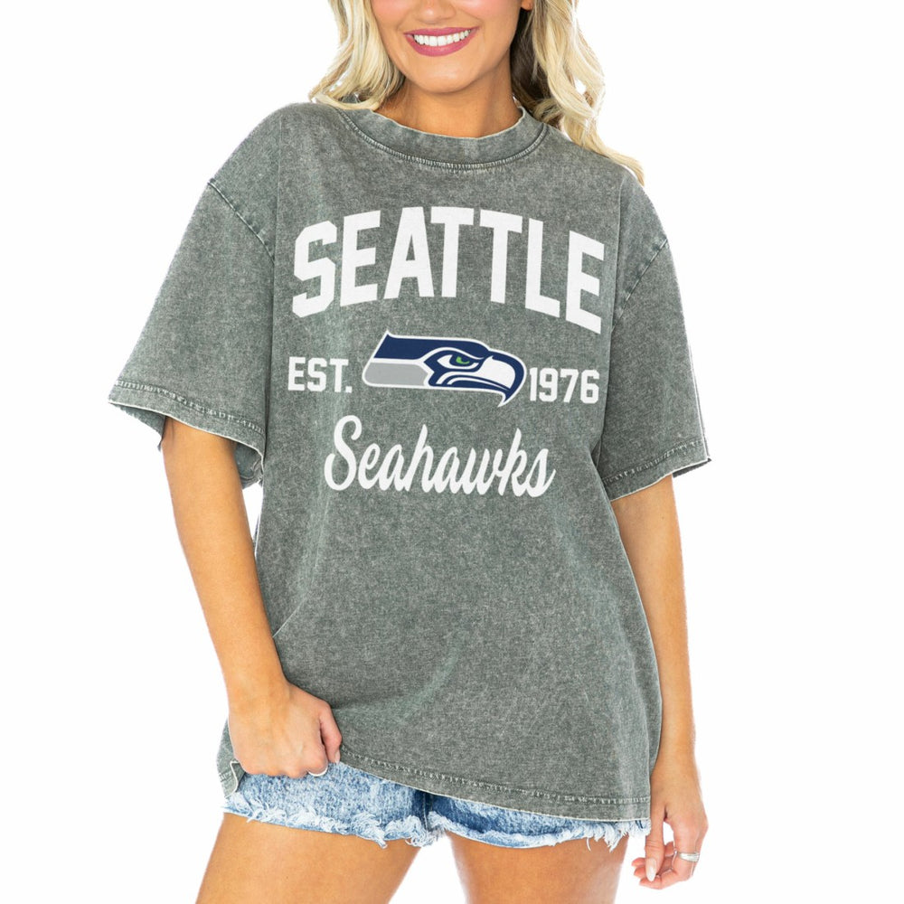 Seattle Seahawks Gameday Couture Women's Tackle Titan Boyfriend Washed T-Shirt - Gray for sale