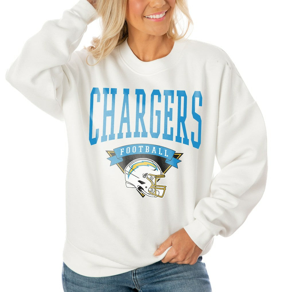 Los Angeles Chargers Gameday Couture Women's Oversized Yard Line Tri-Blend Pullover Sweatshirt - White on sale