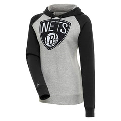 Brooklyn Nets Antigua Women's Victory Raglan Sleeve Pullover Hoodie - Heather Gray/Black discount